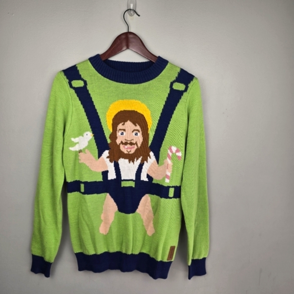 TIPSY ELVES Funny Knit Sweater‎ Green Navy Mens Size S